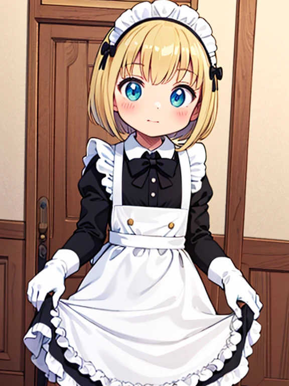 masterpiece,best quality,highly, standing, cowboy shot
1girl,solo, dndramia,,_girl,,blonde hair, short hair, flat chest,
(Maid dress:1.3),maid, white shirt, long shirt, long sleeves, black bow tie, bow tie brooch, maid headdress, maid apron,White gloves with