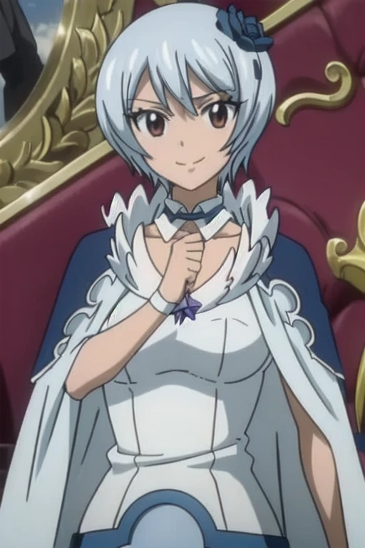 1girl, solo, facing viewer, looking at viewer, upper body, smile, yukinoagria, dress, cape, detached sleeves