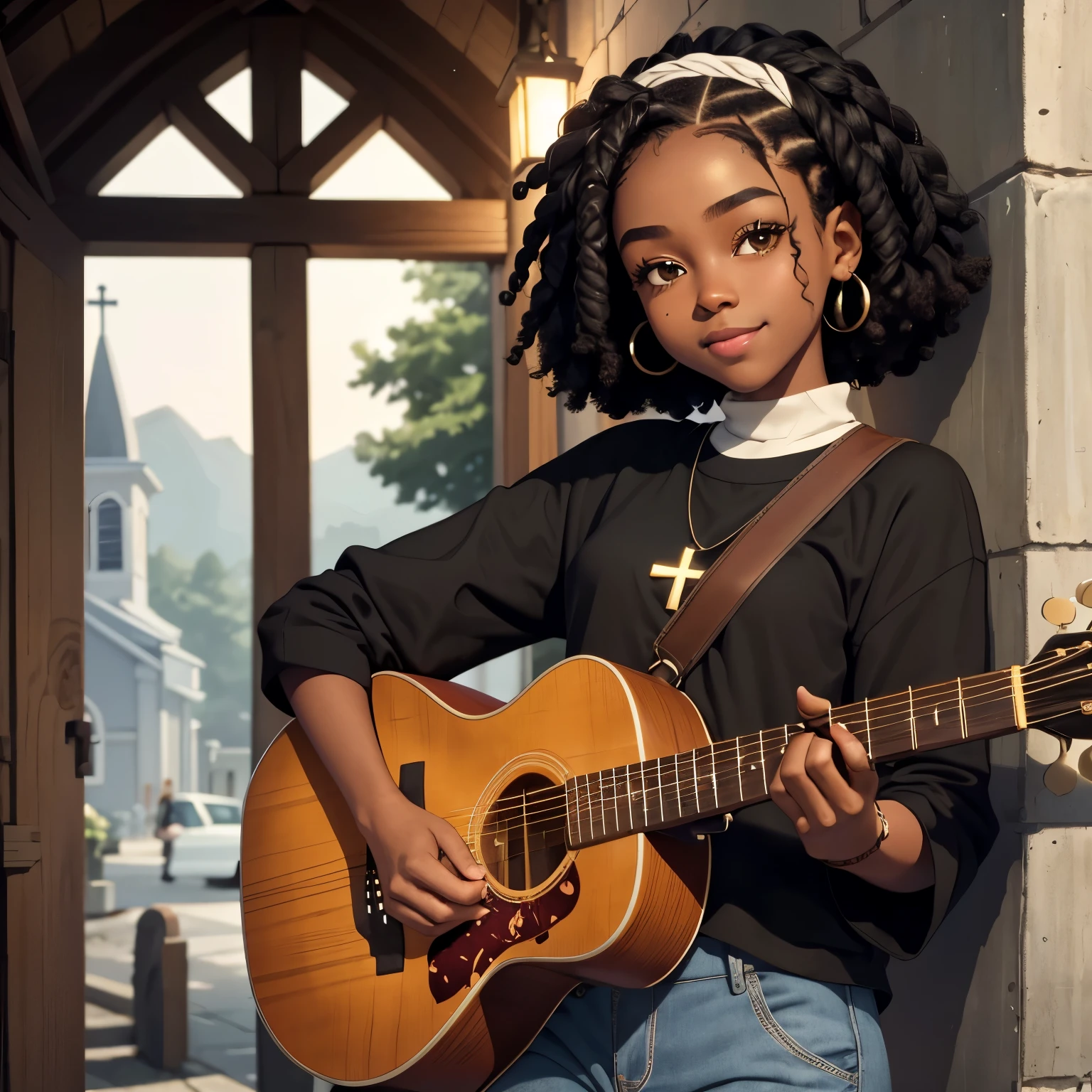 masterpiece, best quality), deep ebony 1girl, beautiful face, short Afro braids , cute, , beautify, Lofi vibe,, cute night vibe, concentrated, hands outside of the picture, Christian ,church vibe , smart clothing, cute look, clothing is dry and baggy, small breasts, vibe, cute smile, outside of the church, guitar