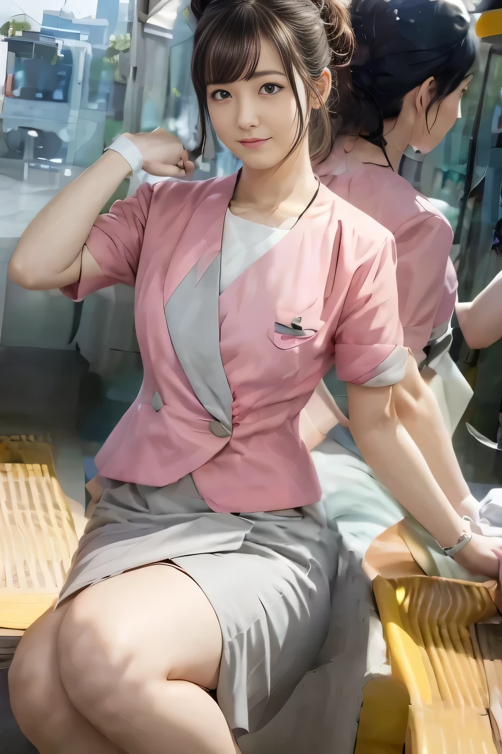 (masterpiece:1.2, highest quality:1.2), 32K HDR, High resolution, (alone、1 girl)、(On the rooftop of a building in the daytime、Professional Lighting)、Building rooftop background、(Nankai train crew uniform pinkを着たリアルスタイル)、(Nankai train crew uniform pink short sleeve collarless pink jacket、Nankai Train Crew Uniform Pink Collarless Short Sleeve Blouse、Nankai Train Crew Uniform Pink Grey Knee-length Culottes)、((The bottom of the pink short-sleeved jacket cannot be tucked into the clay-colored culottes.))、Dark brown hair、(Hair tied up、Hair Bun、Hair Bun)、Dark brown hair、Long Shot、Big Breasts、Thin legs、((Great hands:2.0)),((Harmonious body proportions:1.5)),((Normal limbs:2.0)),((Normal finger:2.0)),((Delicate eyes:2.0)),((Normal eyes:2.0)))、smile、(Nankai Train Crew Uniform Pink Grey Knee-length Culottesを見せた美しい立ち姿)、
