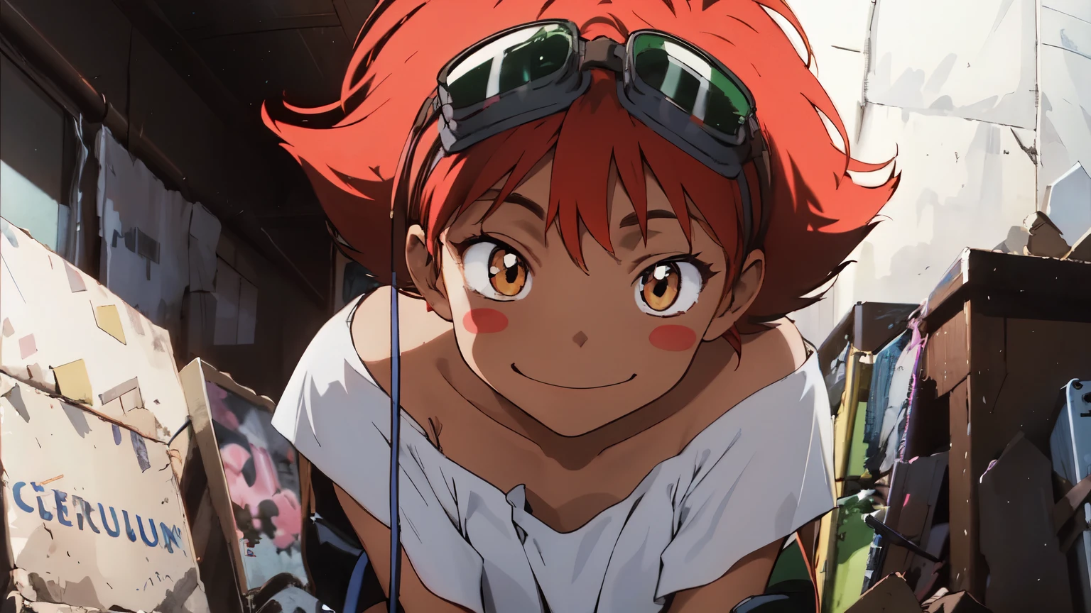 Edward, midriff, orange hair, blush stickers, (tanned skin) (white loose shirt), off shoulder, bike shorts, brown eyes, goggles on head, smile, sitting in computer room, bare feet, full body, looking at viewer (insanely detailed, beautiful detailed face, masterpiece, best quality ,