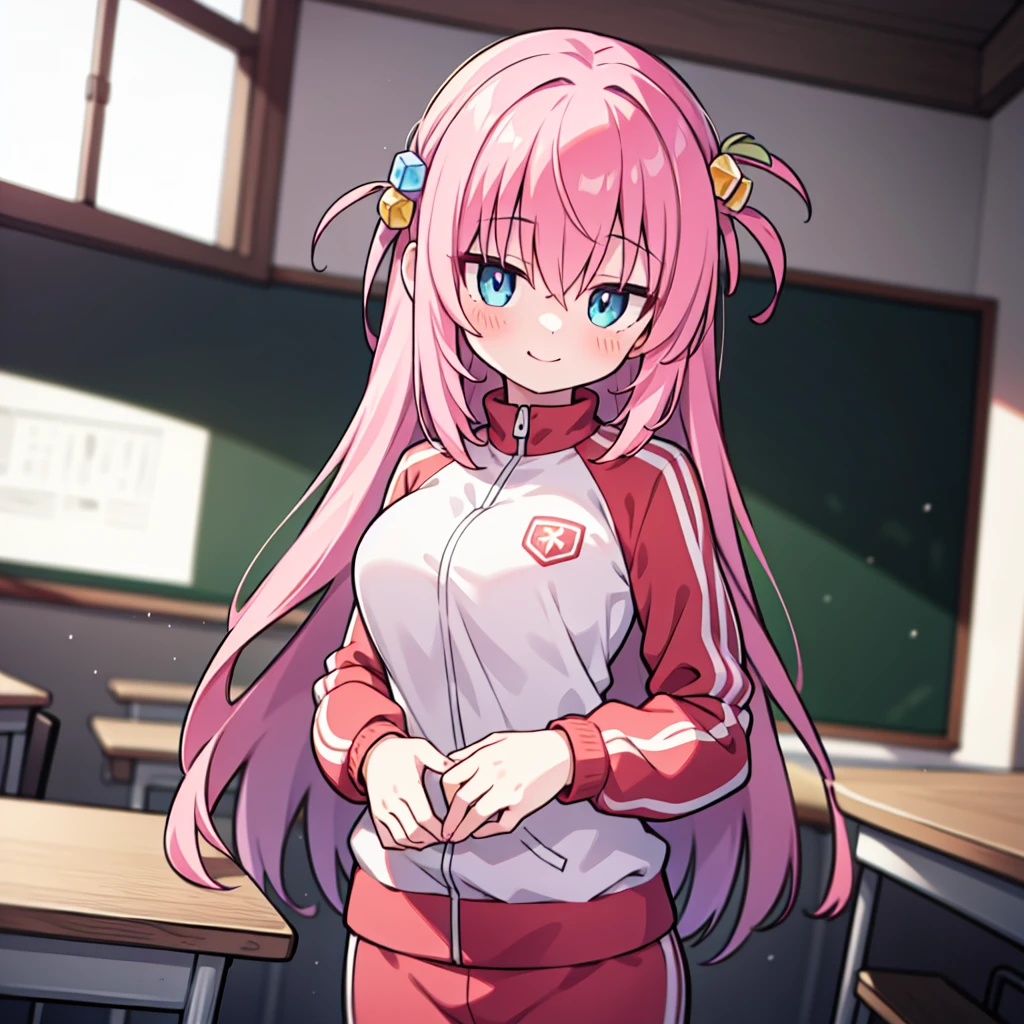 超A high resolution, Best aesthetic, Best Quality, masterpiece, gotoh hitori, 1girl, solo, long hair, looking at viewer, smile, one side up,pink track jacket, large breasts, blue eyes, hair between eyes, cube hair ornament,upper body,pink hair, long hair, BREAK indoors, classroom, BREAK looking at viewer, (cowboy shot:1.5), BREAK (masterpiece:1.2), best quality, high resolution, unity 8k wallpaper, (illustration:0.8), (beautiful detailed eyes:1.6), extremely detailed face, perfect lighting, extremely detailed CG, (perfect hands, perfect anatomy),