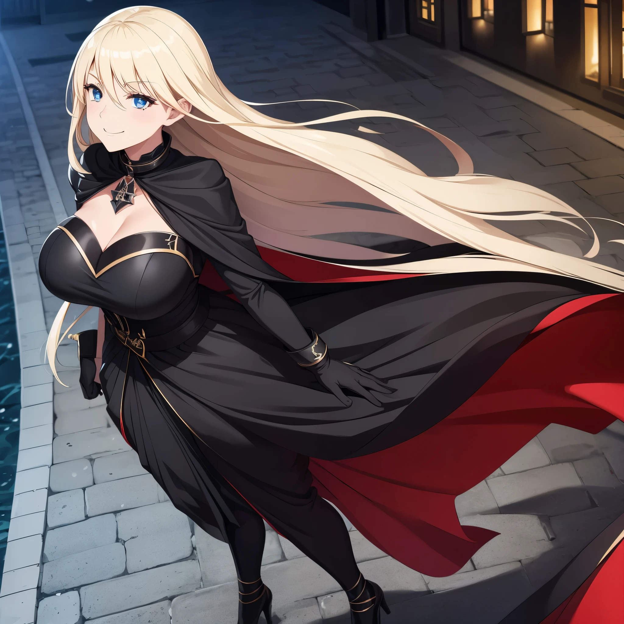 A woman wearing a luxurious black dress, wearing luxurious black heels, with white fur cape, iron cross necklace on her neck, big breasts, long blonde hair, blue eyes, smiling, walking on a promenade in a traditional German town of luxury, black gloves.red eyes,close up view, UHD , work- prime, precise, anatomically correct, textured skin, super details, high quality, best quality, 8k, high resolution, bokeh effect. (woman alone)
