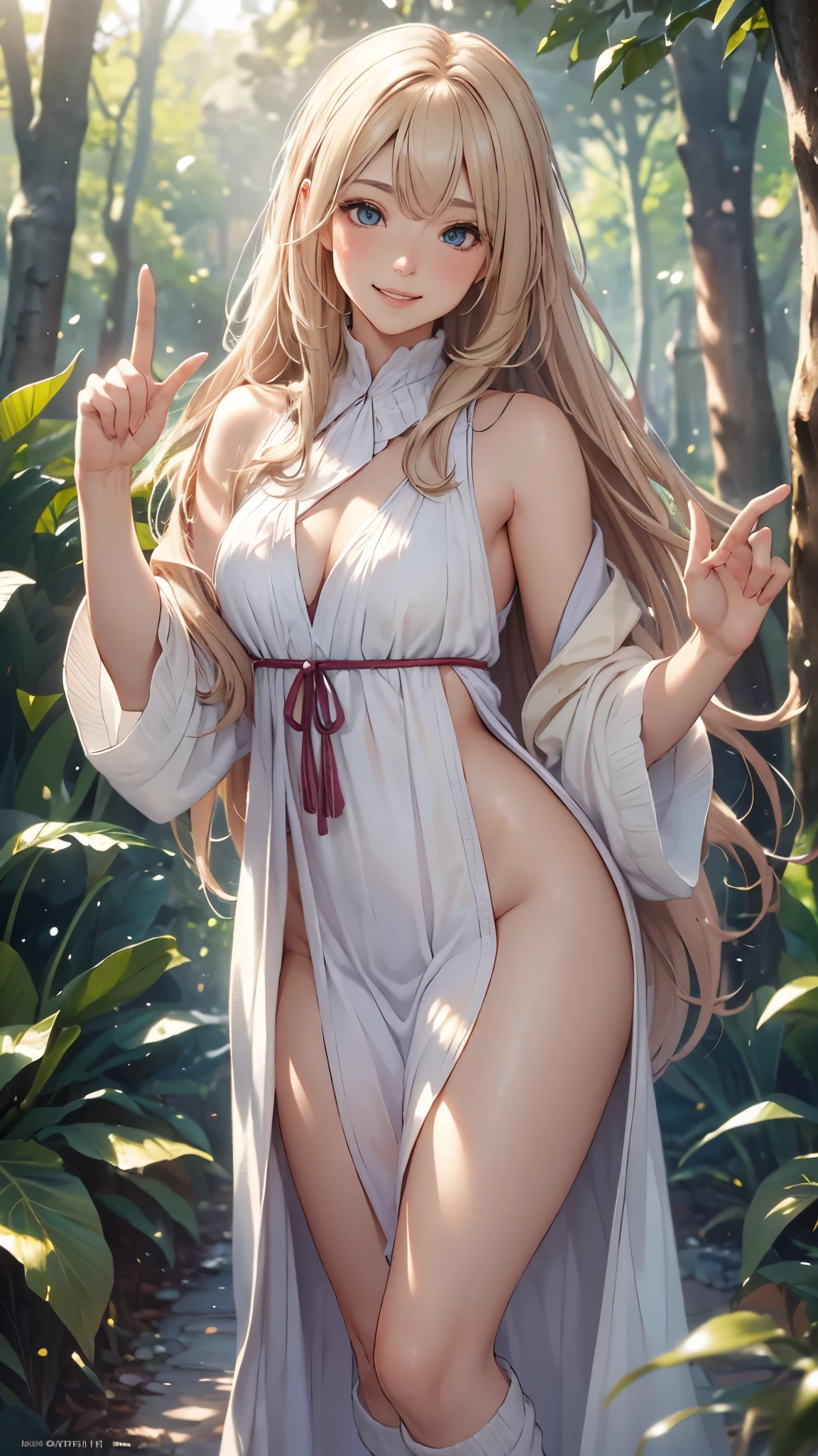 A beautiful young woman, 18 years old, grin,grin,((peace sign,peace sign)),wearing a long white maxi dress, socks,short boots,with long flowing blonde hair, grinning with a slightly mischievous expression, standing in a serene outdoor setting, sunlight filtering through the trees, (best quality,4k,8k,highres,masterpiece:1.2),ultra-detailed,(realistic,photorealistic,photo-realistic:1.37),detailed facial features, beautiful eyes, nose, and lips, intricate fabric textures, natural lighting, cinematic composition, vibrant colors, fantasy,ethereal