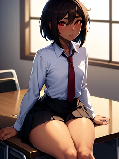 anime boy, crossdresser, 1boy, medium dark brown hair, red eyes, brown skin, wide hips, large buttocks, narrow waist and thick thighs, flustered, brushing, sitting over a table in the classroom, flat chest, short skirt, visible bulge, shirt, tie, dick