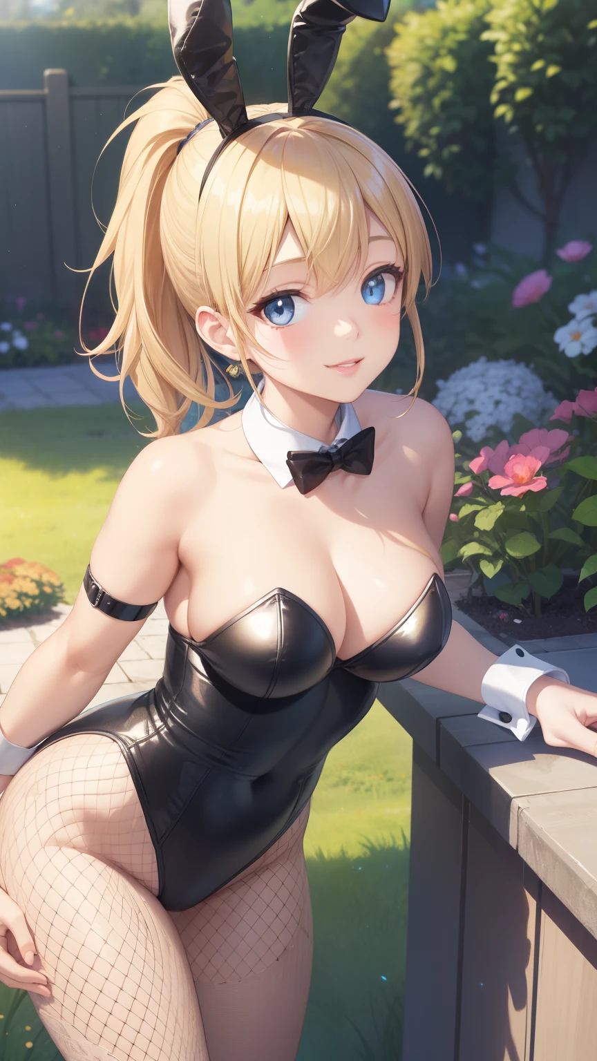 1girl, natural lighting, masterpiece, highly detailed, illustration, game CG, absurdres, high quality, aichan, large breasts, beautiful detailed eyes, medium blonde hair, ponytail, bangs, glossy lips, light smile, garden, bunny ears, detached collar, wrist cuffs, strapless leotard, fishnets, leaning forward, looking at viewer