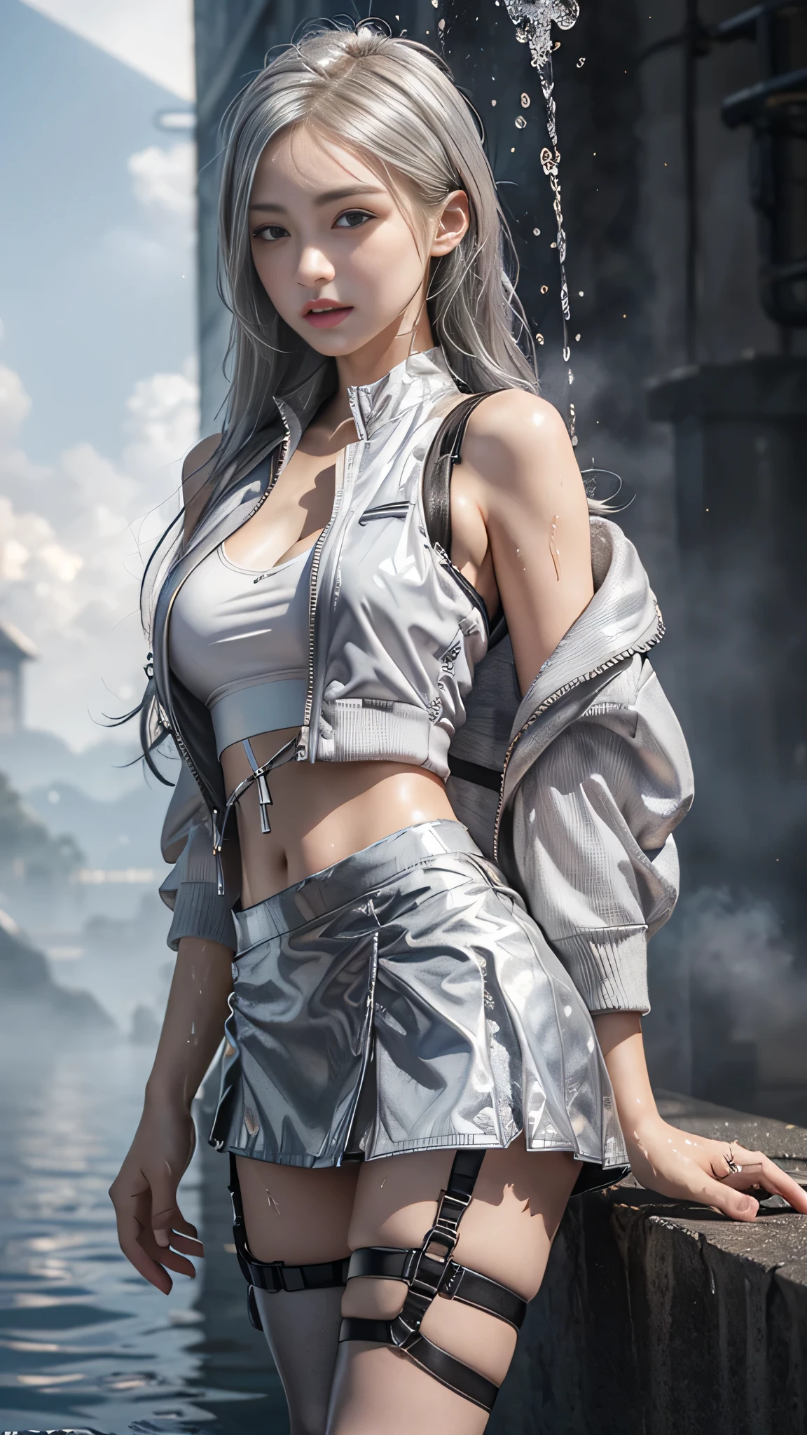 8k, masterpiece, 1 girl, beautiful face, ((very long hair)), glossy makeup, closed mouth, (glossy skin:1.5), detailed eyes, detailed lips, push up breasts, ((silver short jacket)), ((ultra light vest)), ((silver short mini skirt:1.5)), ((under pants)), ((bare thigh)), ((straps clothing:1.4)), (water falling:1.4), steam effect, ((water vapor)), adult pose,
