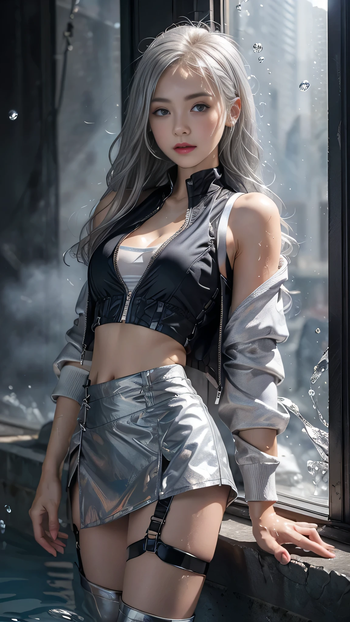 8k, masterpiece, 1 girl, beautiful face, ((very long hair)), glossy makeup, closed mouth, (glossy skin:1.5), detailed eyes, detailed lips, push up breasts, ((silver short jacket)), ((ultra light vest)), ((silver short mini skirt:1.5)), ((under pants)), ((bare thigh)), ((straps clothing:1.4)), (water falling:1.4), steam effect, ((water vapor)), adult pose,
