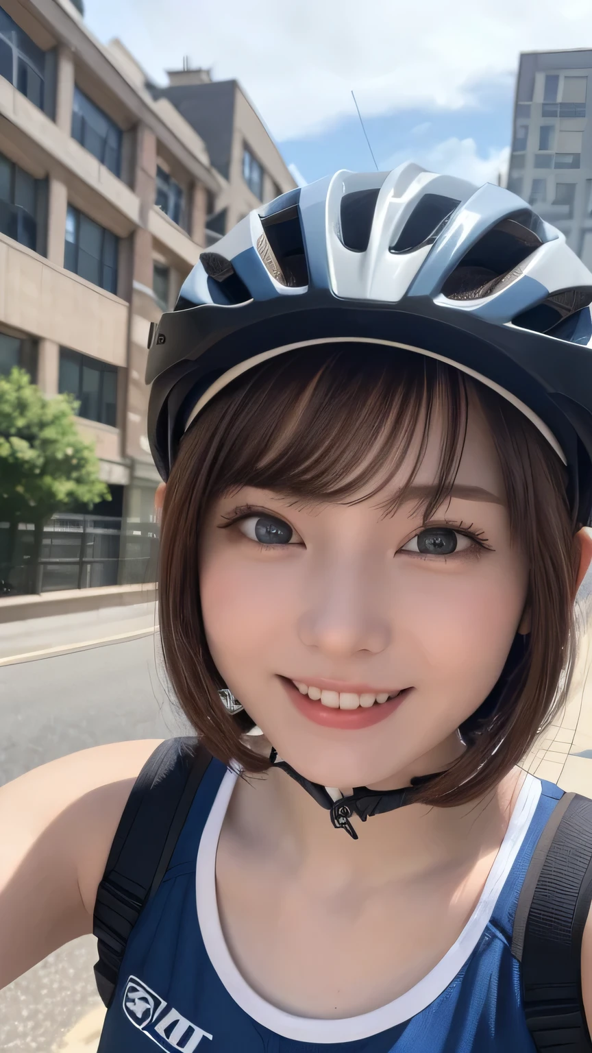 closeup shot , Best picture quality (8K, high resolution, Masterpiece: 1.2), super detailed, 215 Short Hair, 16-year-old woman,
situation: Scenes of cycling on bike paths and suburban roads。
clothing: Cycling jerseys and shorts。Cycling shoes and helmet。Hair tucked under the helmet。
angle: Photographed from behind at an angle while riding a bicycle。With natural scenery and cityscapes as a backdrop、Capture the smooth progress。The hands that grip the handle、Close-up of a happy expression。
Close-up of face
, random cute pose ,big eyes ,Puffy eyes , Heart Pupil, blush , huge shy smile , salute