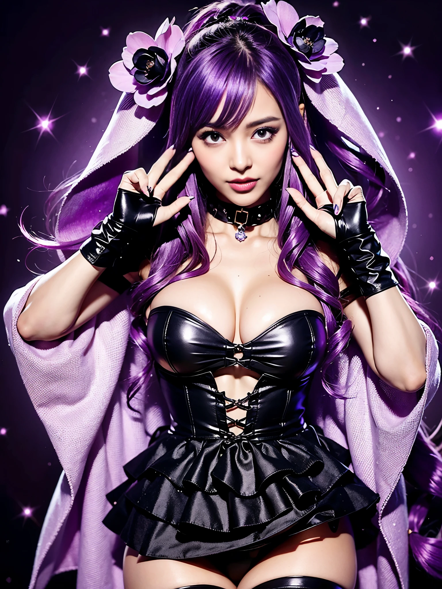 ultra realistic girl who controls poison, halloween, goth, gyaru, lip-gloss, gothic makeup, purple flowing hair, sparkling poisoned flower costume、、、、secrete poison, skull hair accessoires, sweet and sexy, seductive pose, shy, smile, flowers background