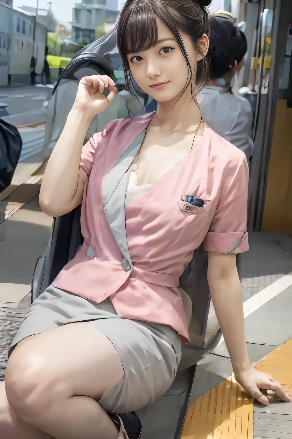 (masterpiece:1.2, highest quality:1.2), 32K HDR, High resolution, (alone、1 girl)、(On the rooftop of a building in the daytime、Professional Lighting)、Building rooftop background、(Nankai train crew uniform pinkを着たリアルスタイル)、(Nankai train crew uniform pink short sleeve collarless pink jacket、Nankai Train Crew Uniform Pink Collarless Short Sleeve Blouse、Nankai Train Crew Uniform Pink Grey Knee-length Culottes)、((The bottom of the pink short-sleeved jacket cannot be tucked into the clay-colored culottes.))、Dark brown hair、(Hair tied up、Hair Bun、Hair Bun)、Dark brown hair、Long Shot、Big Breasts、Thin legs、((Great hands:2.0)),((Harmonious body proportions:1.5)),((Normal limbs:2.0)),((Normal finger:2.0)),((Delicate eyes:2.0)),((Normal eyes:2.0)))、smile、(Nankai Train Crew Uniform Pink Grey Knee-length Culottesを見せた美しい立ち姿)、