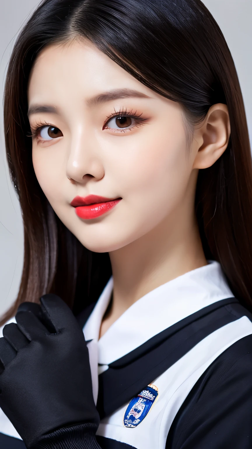 22 years Old young South Korean woman, police shirt and skirt and black gloves, beauty face, Cute face, thin, long sleek Straight hair style, lipstick, 