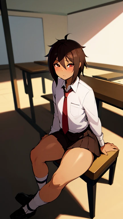 anime boy, crossdresser, 1boy, medium dark brown hair, red eyes, brown skin, wide hips, large buttocks, narrow waist and thick thighs, flustered, brushing, sitting over a table in the classroom, flat chest, short skirt, visible bulge, shirt, tie, dick