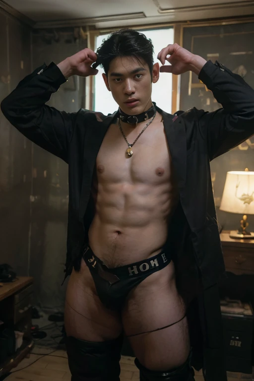 ung handsome guy,20-22 years old,police officers,Interpol,Police Department,Handsome,musculous,hairy bodies,,(Fine eye 1:3),Black eyes,full bodyesbian , epic reality , epic photorealistic , ultra realism , photorealistic , only male , only boy , full length shot (fls) , wearing sexy micro thong , arms up, handsome korean boy , topless , sex slave. ,bondage collar chain , standing , wide hips , wide pelvis , phat hips. , thick thighs