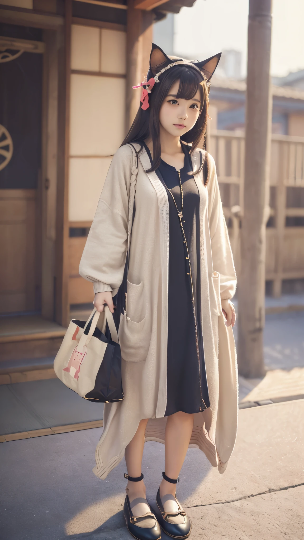 Masterpiece, 4k, Bokeh, beautiful face, (Japanese idle:1.6), (Long cardigan with a t-shirt dress and flats, Casual weekend background, Canvas tote bag:1.4), (Cat ears:1.3), From below,