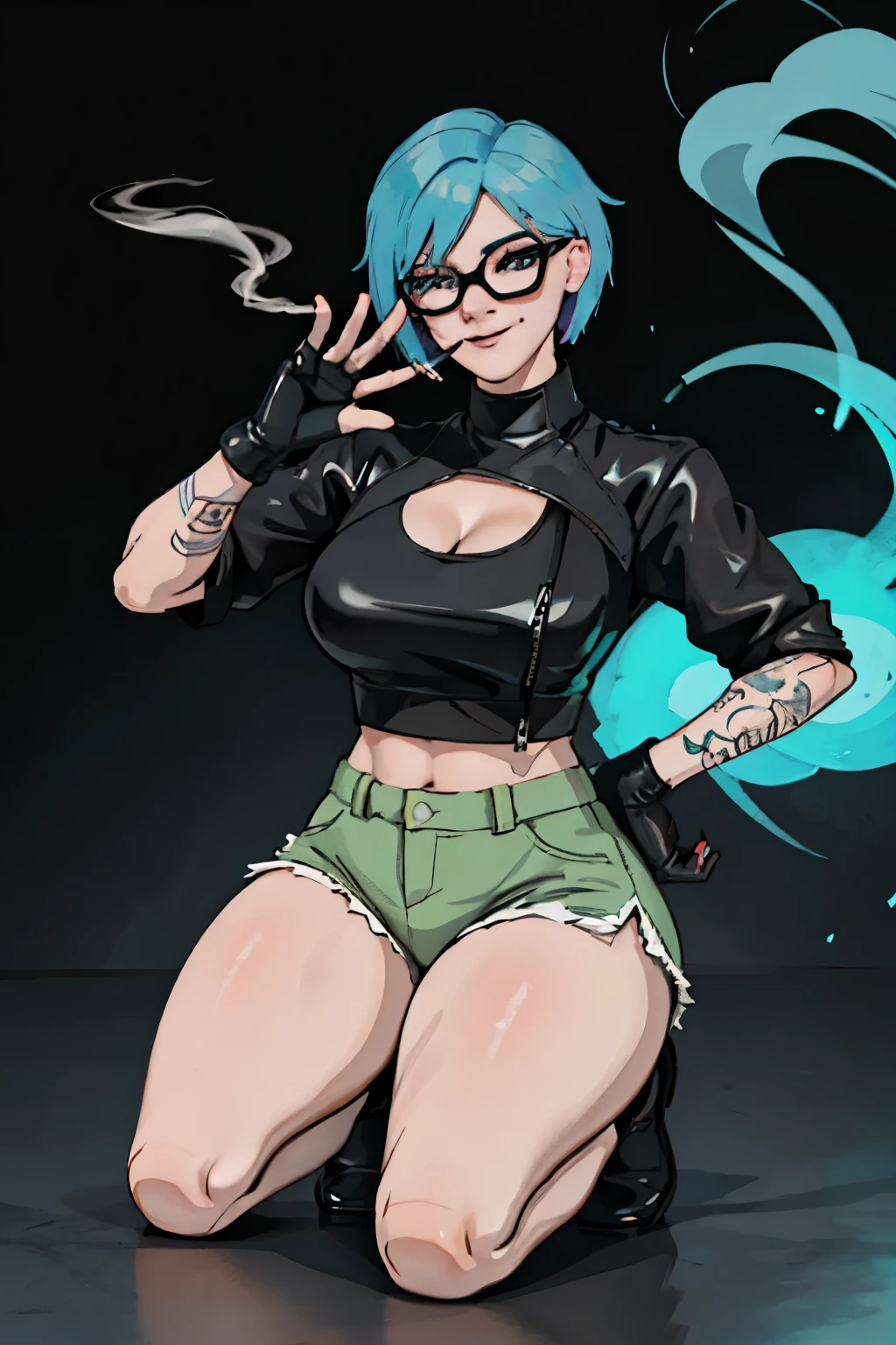 kpop girl with rizz smile face, bad ass, black gloves, bobba shake, neon cyan pink hair, tattoos on hands and neck, piercing, black mixed green striped oversized tomboy ish sweater, cool badass pose, smoke background, colorful smoke background, anime girl with blue hair and black pants smoking a cigarette, oc commission, thicc, 2 d anime style, (sfw) safe for work, commission for high res, fire!! full body, badass pose, 2 b, 2b, seductive anime girl, inspired by Rei Kamoi, anime moe artstyle, fullbody commission for, sexy :8