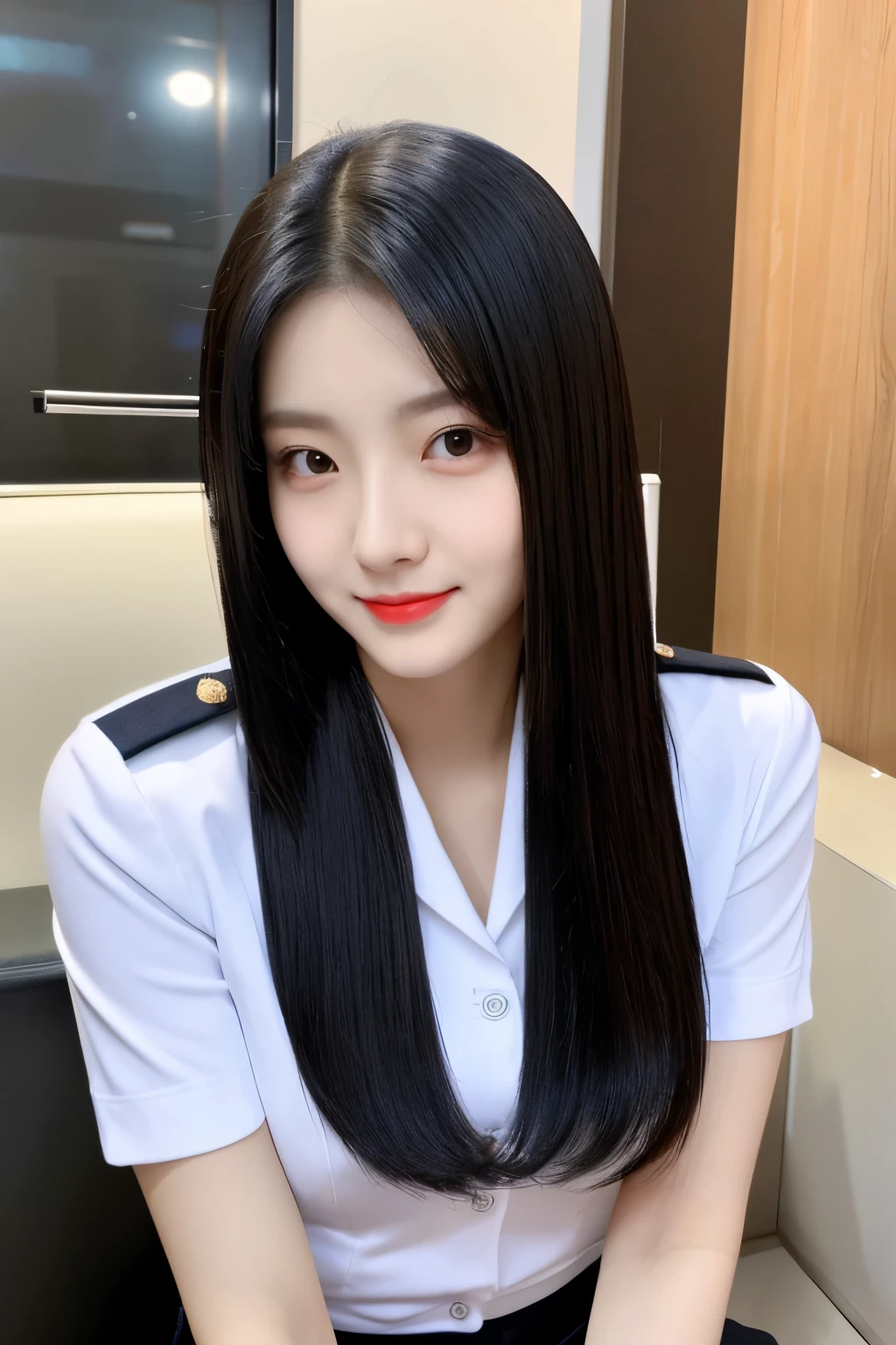 22 years Old young South Korean woman, police shirt and skirt and black gloves, beauty face, Cute face, thin, long sleek Straight hair style, lipstick, sit at home