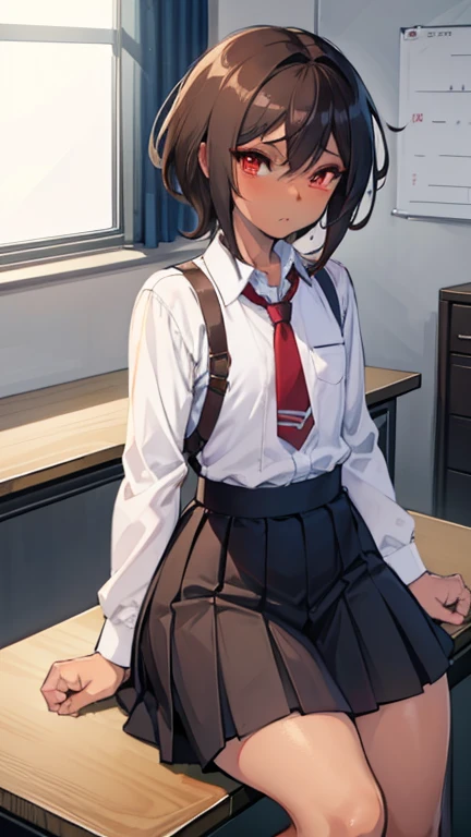 anime boy, crossdresser, 1boy, medium dark brown hair, red eyes, brown skin, wide hips, large buttocks, narrow waist and thick thighs, flustered, brushing, sitting over a table in the classroom, flat chest, short skirt, visible bulge, shirt, tie, dick