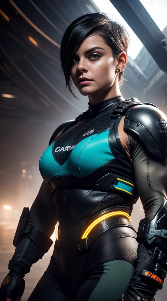 (Cara Dune) Upper body shot,painting masterpiece, concept art, ultra details, dramatic lighting, early evening, symmetric tank, wasteland, dystopic, comic tankgirl, fog, dust, soft motion blur, midshot,35 year old, thick bodybuilder(((Massive Muscles)))big arms,massive shoulders,big thighs, street attention danger perfect eyes perfect nose perfect ears, tattooed, parted lips,black hair,(short bobcut hair), perfect ears perfect eyes perfect nose, wearing futuristic body armor, white, cyan orange, yellow spotlights, magenta, graffitti, dirty, fog, dust, windy, 4k, ultra hd, realistic, vivid colors, highly detailed, UHD drawing, pen and ink, perfect composition, beautiful detailed intricate insanely detailed octane render trending on artstation, 8k artistic photography, photorealistic concept art, soft natural volumetric cinematic perfect light