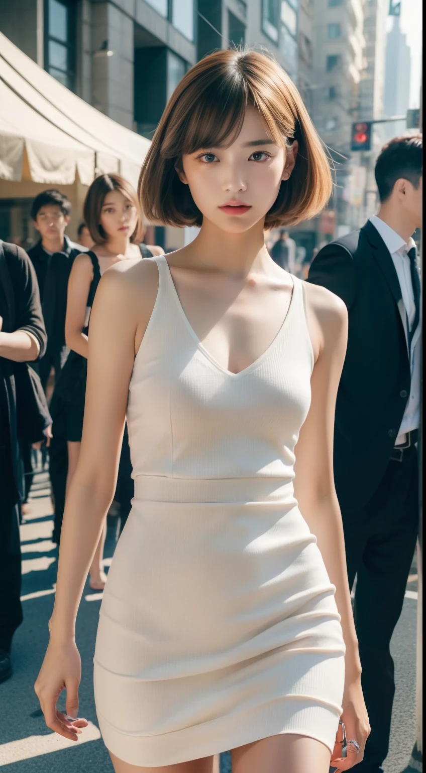 The 8k quality、Top image quality、超A high resolution、masterpiece、Photorealsitic、1 girl in、tense look、Trendy makeup、bob cuts、Trendy Fitted Dresses、ciinematic light、The protagonist、the chaos、Super Slender、D-cups、Do not wear underwear、in a crowd of people、Number of people who are about to be crushed、Dynamism、Magic Hour、Beginning of the story、Magazine covers、Focus only on the main character、The best looks in the world