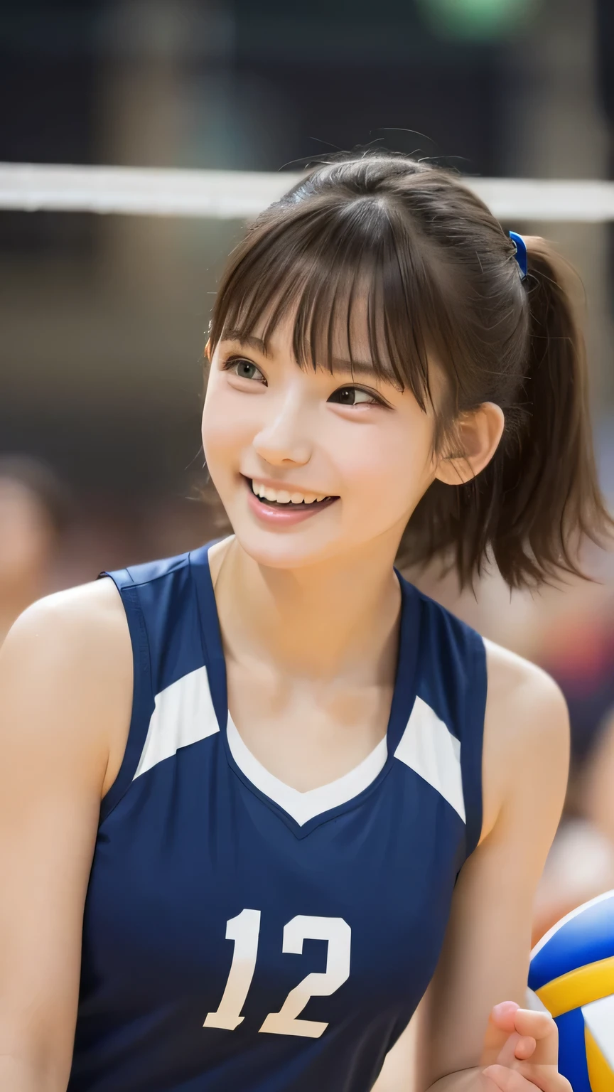 closeup shot , Best picture quality (8K, high resolution, Masterpiece: 1.2), super detailed,  215 Short Hair, 16-year-old woman, 

situation: Scenes from a volleyball game on the beach or in a gym。
clothing: Volleyball Wear（Tank top and shorts）and sports shoes。Hair half-up。
angle: Capture the moment of a spike or a receive from the side of the court。The posture of jumping and hitting the ball、Capture the moment when you high-five your teammates。Expressing dynamism with action shots。
Close-up of face

, random cute pose ,big eyes ,Puffy eyes ,  Heart Pupil, blush  , huge shy smile , salute

