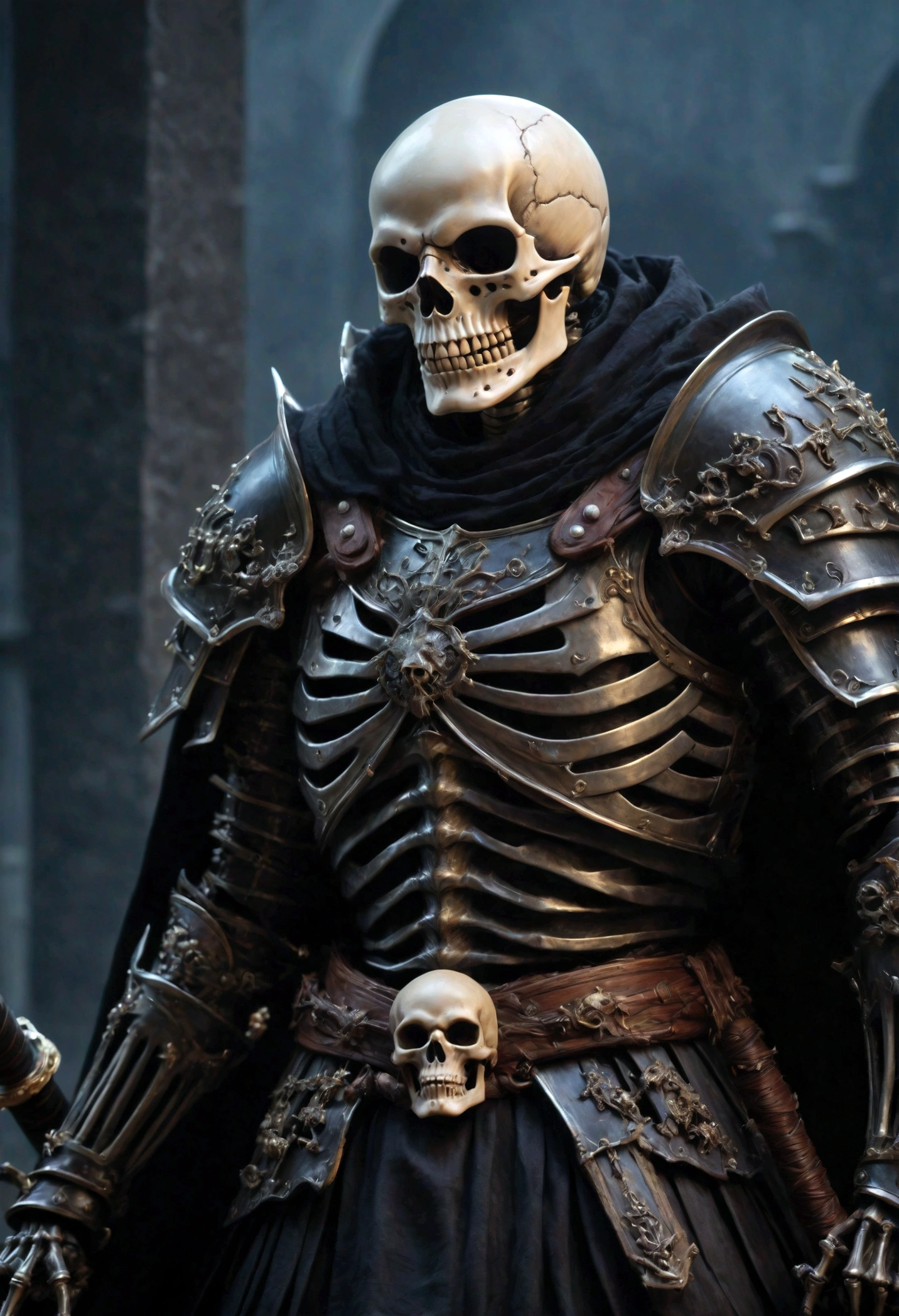 RAW photo, detailed, masterpiece, absurdres, highres, 16k, 8k, ((masterpiece:1.4, best quality)), ((masterpiece, best quality)), (photo realistic:1.4), Berserk、Black Magic Swordsman、skeleton armor、The face is visible、Dark Night