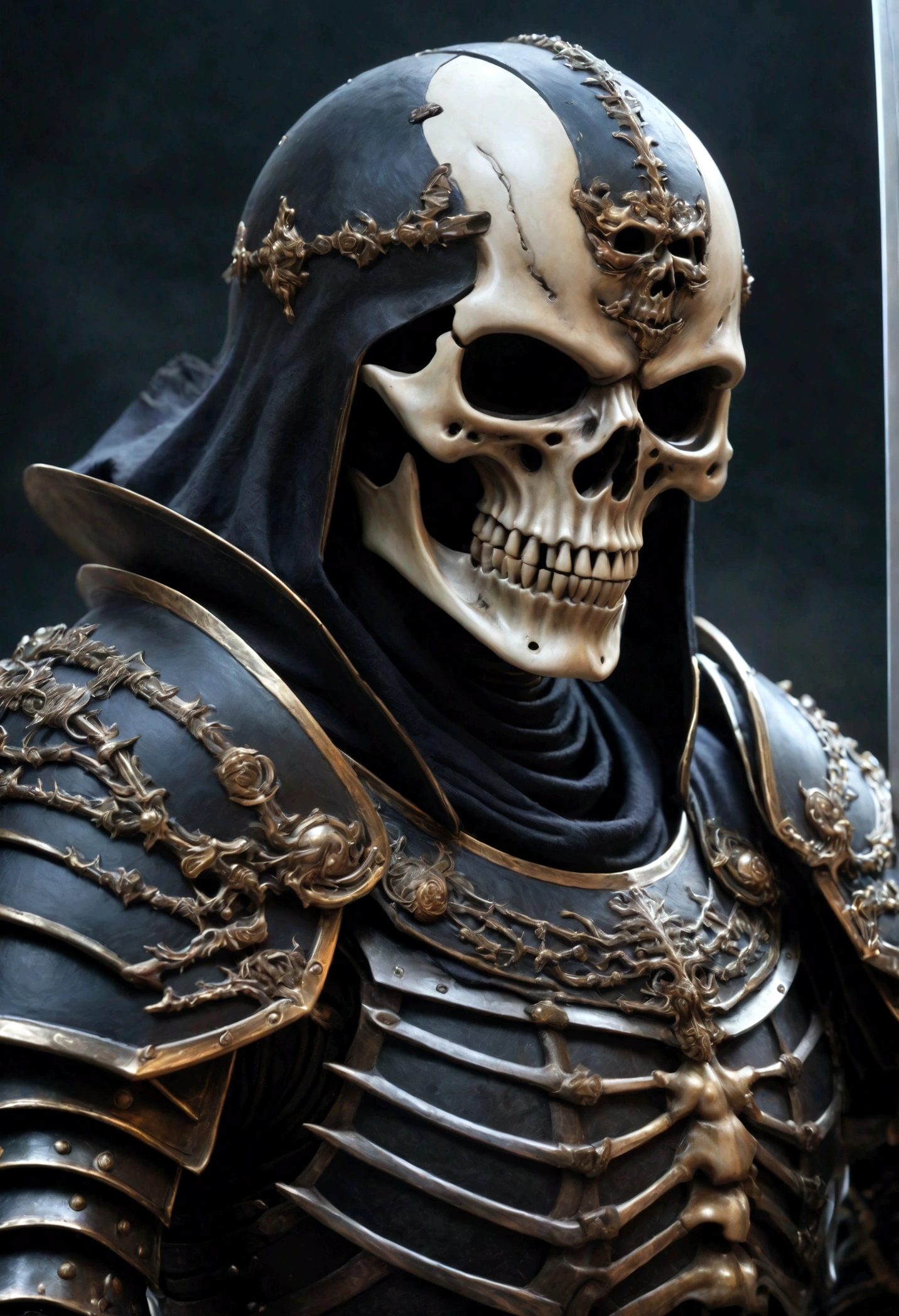 RAW photo, detailed, masterpiece, absurdres, highres, 16k, 8k, ((masterpiece:1.4, best quality)), ((masterpiece, best quality)),  (photo realistic:1.4), Berserk、Black Magic Swordsman、skeleton armor、The face is visible、Dark Night