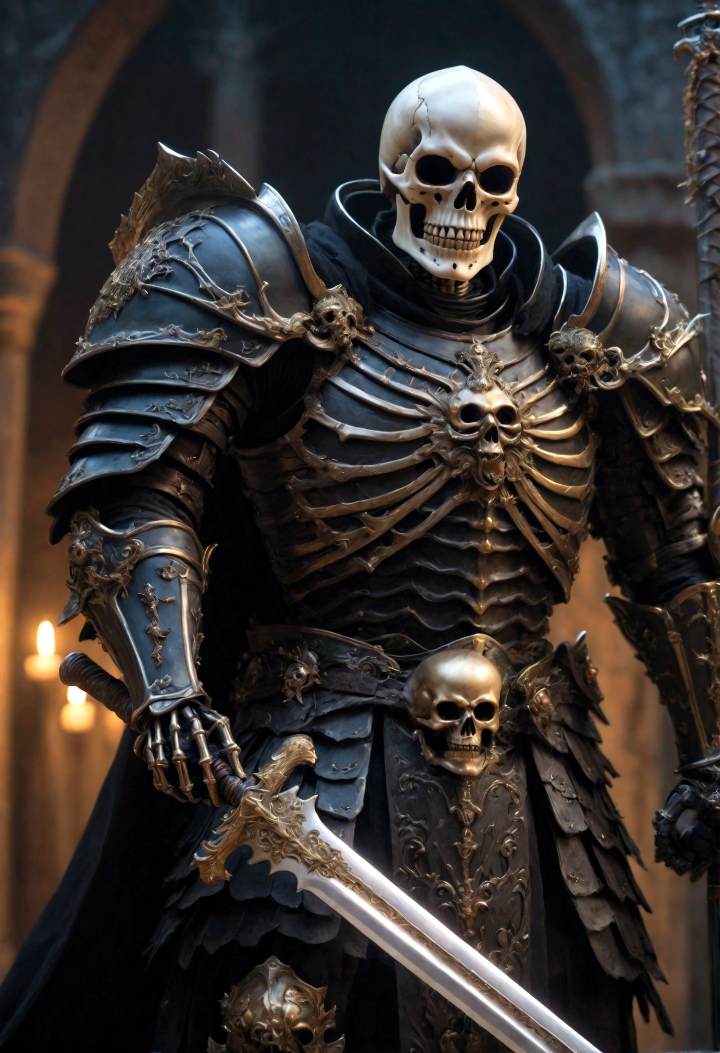 RAW photo, detailed, masterpiece, absurdres, highres, 16k, 8k, ((masterpiece:1.4, best quality)), ((masterpiece, best quality)),  (photo realistic:1.4), Berserk、Black Magic Swordsman、skeleton armor、The face is visible、Dark Night