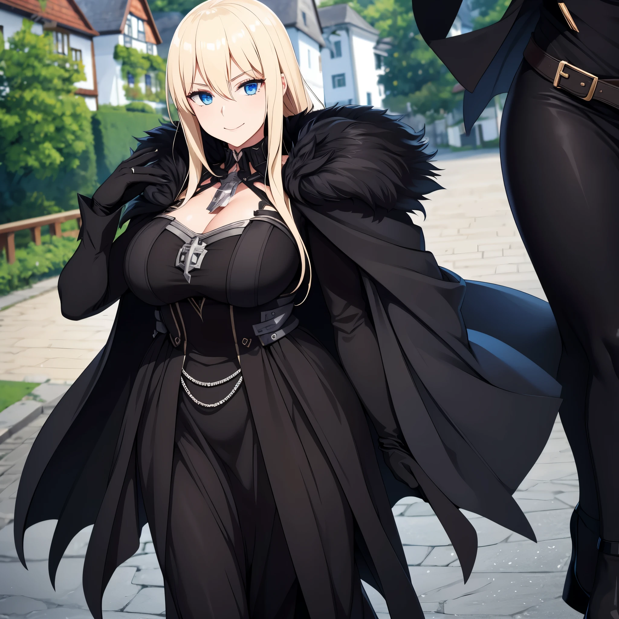 A woman wearing a luxurious black dress, wearing luxurious black heels, with white fur cape, iron cross necklace on her neck, big breasts, long blonde hair, blue eyes, smiling, walking on a promenade in a traditional German town of luxury, black gloves.red eyes,close up view, UHD , work- prime, precise, anatomically correct, textured skin, super details, high quality, best quality, 8k, high resolution, bokeh effect. (woman alone)
