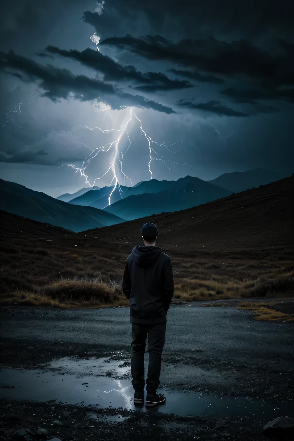 *Setting and Background:*
- It's a *dark, starless night* with an almost ominous atmosphere.
- In the background, *jagged mountain peaks* loom, barely visible against the dark sky, creating a sense of mystery and grandeur.
- *Lightning strikes* dramatically from the top left to the bottom right of the image, illuminating the scene with its powerful, electric light. The bolt splits the sky, casting sharp, fleeting shadows across the mountains and the foreground.
- *Foreground and Main Character:*
- In the foreground stands a *boy* wearing a *black hoodie*. The hood is up, casting a shadow over his face, hiding his features and adding to the enigmatic feel.
- The boy's *arms are spread wide*, reaching out to either side, as if embracing the storm or drawing energy from the lightning. His stance exudes confidence and a sense of being at one with the elements.
- Emerging from his back are *large, black-grey wings*. The wings are powerful and feathered, blending into the dark of the night yet catching the light from the lightning bolt, giving them an ethereal, almost surreal quality.