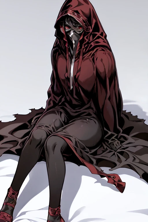No name assassin, sad, mask, red eyes, cloak, robe, white gloves, long skirt, hood, cape, looking at viewer, sitting, bedroom
