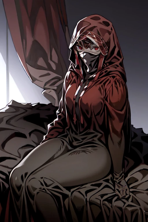 No name assassin, sad, mask, red eyes, cloak, robe, white gloves, long skirt, hood, cape, looking at viewer, sitting, bedroom