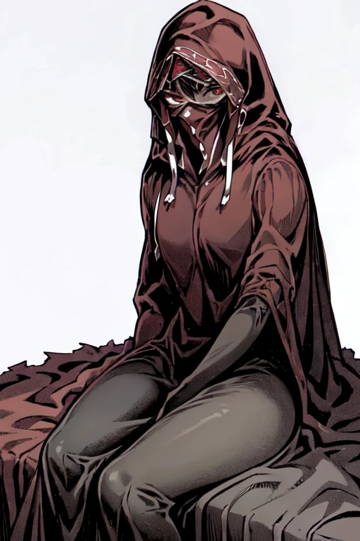 No name assassin, sad, mask, red eyes, cloak, robe, white gloves, long skirt, hood, cape, looking at viewer, sitting, bedroom 
