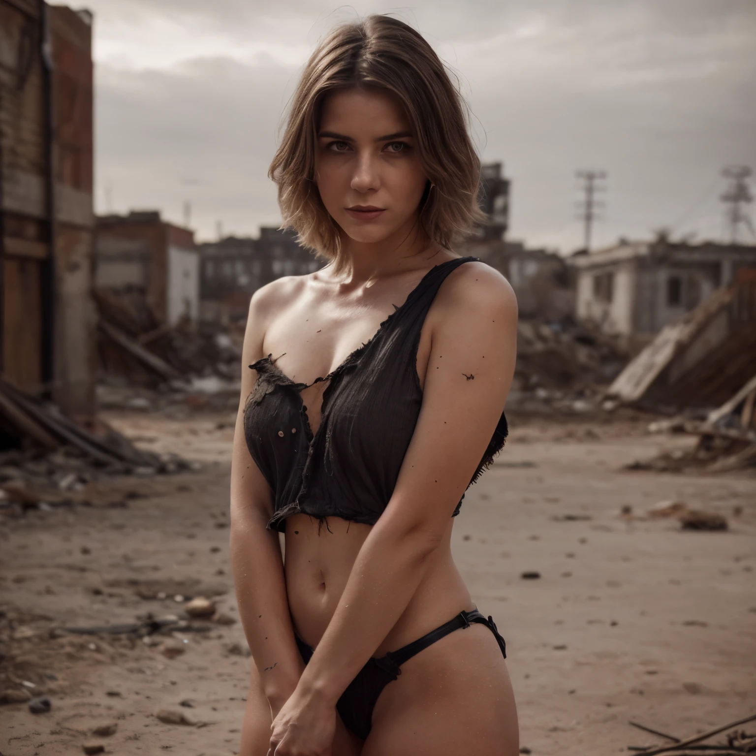 Photorealistic, masterpiece grayscale photo, woman LaGermania with messy hair and poor minuscule postapocalyptic clothes, cute sexy, (detailed wastelands background), ultra sharp focus, detailed face, (((posing))), random hair color, short hair, beautiful eyes, full body, high quality black and white image