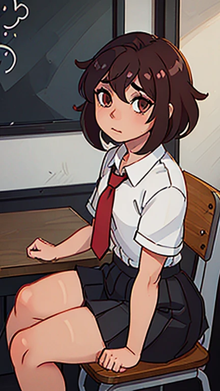 anime boy, crossdresser, 1boy, medium dark brown hair, red eyes, brown skin, wide hips, large buttocks, narrow waist and thick thighs, flustered, brushing, sitting over a table in the classroom, flat chest, short skirt, visible bulge, shirt, tie, dick