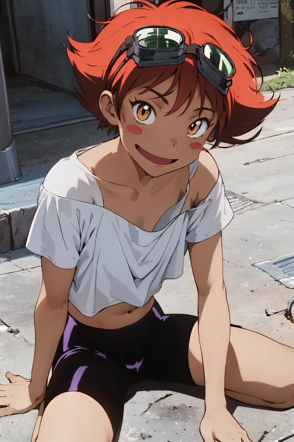 Edward, midriff, orange hair, blush stickers, (tanned skin) (white loose shirt), off shoulder, bike shorts, brown eyes, goggles on head, smile, sitting in ruined city, bare feet, full body, looking at viewer (insanely detailed, beautiful detailed face, masterpiece, best quality ,