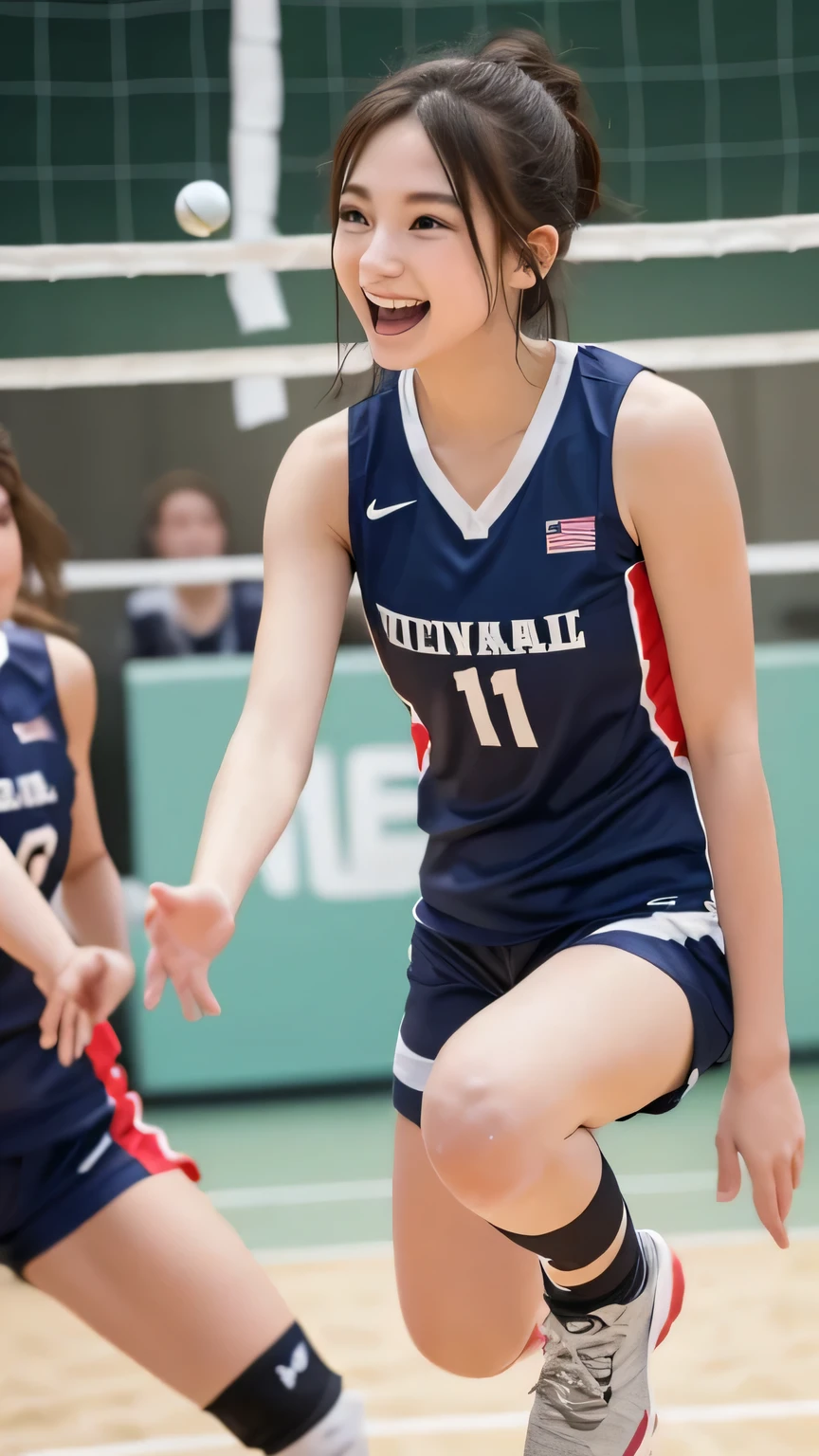 closeup shot , Best picture quality (8K, high resolution, Masterpiece: 1.2), super detailed, 215 Short Hair, 16-year-old woman,
situation: Scenes from a volleyball game on the beach or in a gym。
clothing: Volleyball Wear(Tank top and shorts)and sports shoes。Hair half-up。
angle: Capture the moment of a spike or a receive from the side of the court。The posture of jumping and hitting the ball、Capture the moment when you high-five your teammates。Expressing dynamism with action shots。
Close-up of face
, random cute pose ,big eyes ,Puffy eyes , Heart Pupil, blush , huge shy smile , salute
