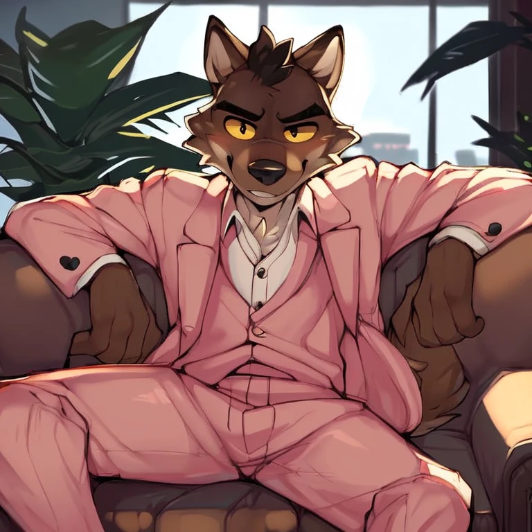 ((Perfect anatomy, detailed eyes, detailed legs, detailed arms, detailed tail, detailed body, detailed face)), Mr Wolf, (The bad guys), 1male, brown furs, yellow eyeballs, black eyes, pink suit, sitting on a sofa with legs spreading out by Zackary911, Zackary911