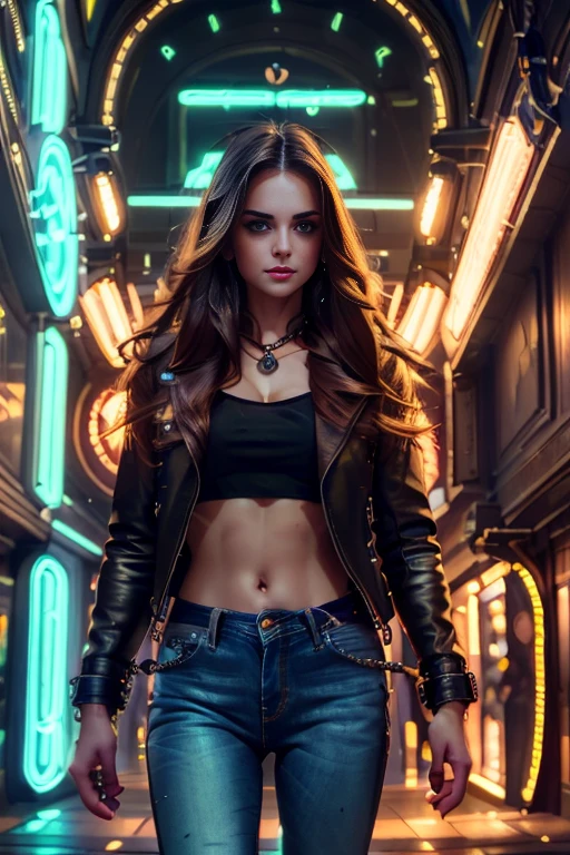 a girl in a street, detailed face and eyes, long hair, leather jacket, jeans, with a chain, urban city background, neon lights, dynamic motion blur, cinematic lighting, vibrant colors, 8k, high resolution, photorealistic, intricate details, dramatic, cyberpunk style