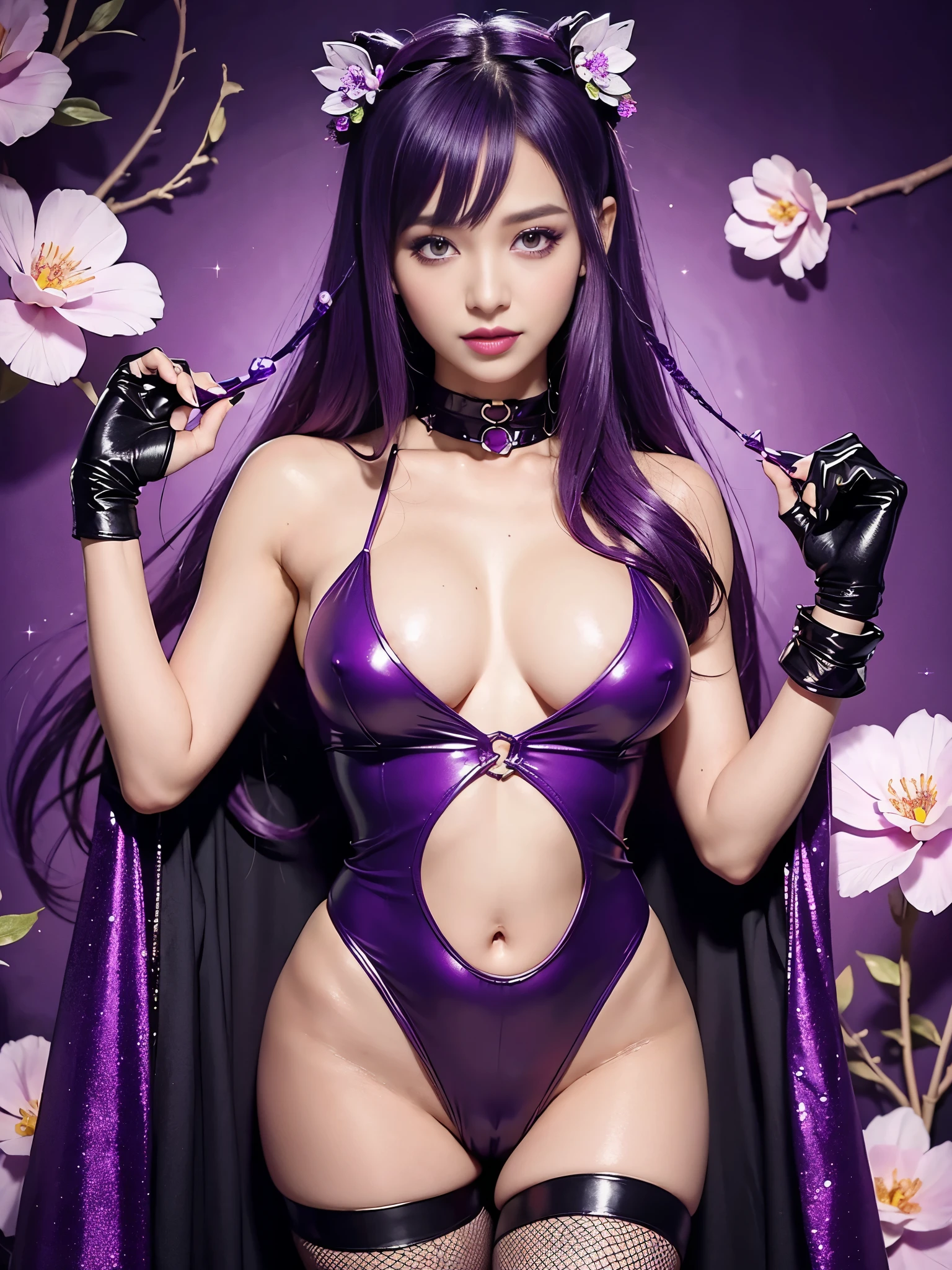 (nsfw), ultra realistic girl who controls poison, halloween, goth, gyaru, lip-gloss, gothic makeup, purple flowing hair, sparkling poisoned flower costume、、、、secrete poison, skull hair accessoires, sweet and sexy, seductive pose, shy, smile, flowers background