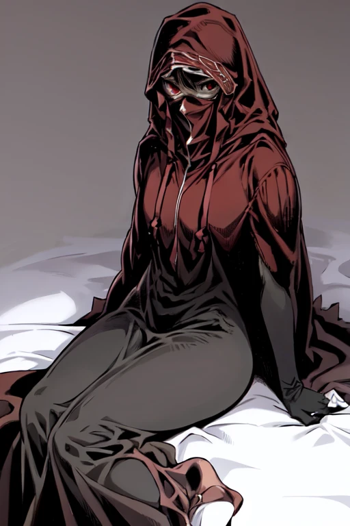 No name assassin, sad, mask, red eyes, cloak, robe, white gloves, long skirt, hood, cape, looking at viewer, sitting, bedroom