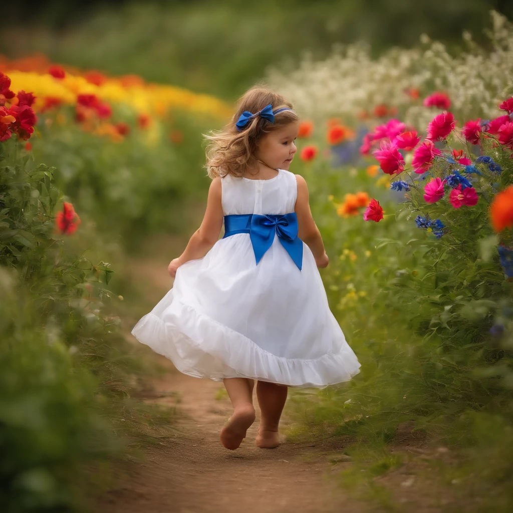 Two-year-old girl dressed in a white dress and a blue bow around her waist,su cabello risaso largo, corriendo por un valle verde,rodeada de flores de colores