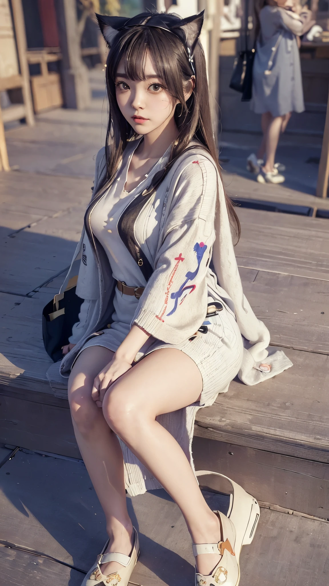 Masterpiece, 4k, Bokeh, beautiful face, (Japanese idle:1.6), (Long cardigan with a t-shirt dress and flats, Casual weekend background,  Canvas tote bag:1.4), (Cat ears:1.3), From below,