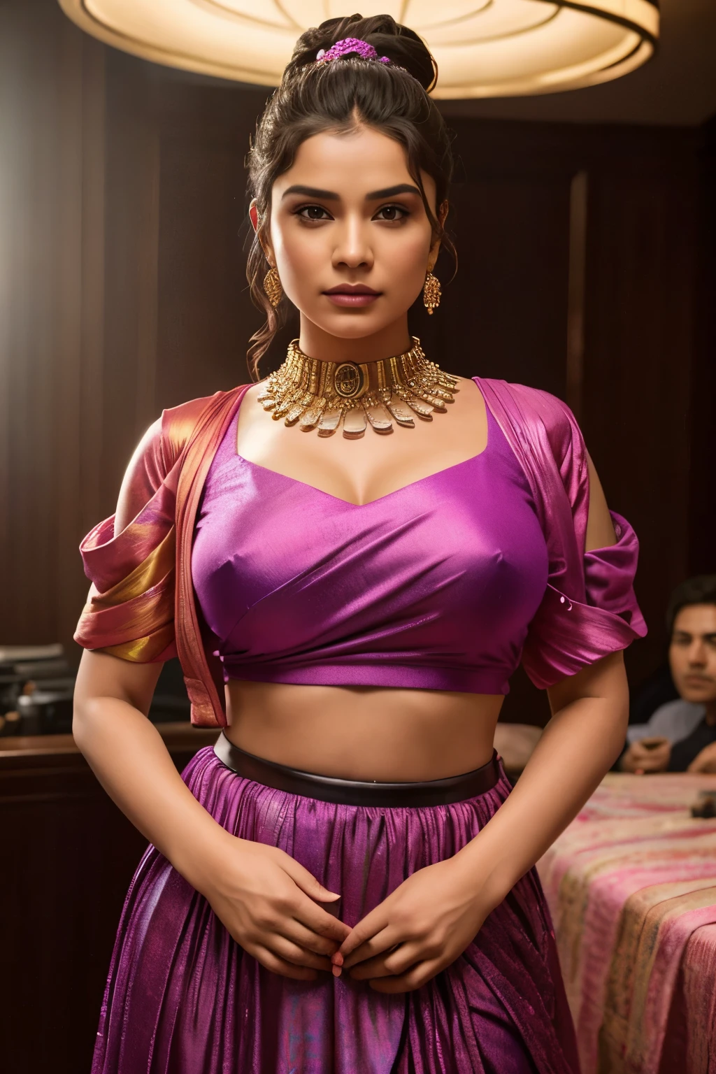 In this photograph, an Indian Instagram female model in her mid-30s takes center stage, with a little chubby figure and a big round chest, showcasing some cleavage. The image highlights her highly detailed face (1.4) and a soft smile (0.7). She is set against the backdrop of a moody, private study within a 5-star hotel. The photograph, captured by Lee Jeffries using a Nikon D850, features rich colors and lifelike textures, thanks to film stock photography on 4 Kodak Portra 400. With a camera f1.6 lens, the image boasts dramatic lighting and hyper-realistic detail, enhanced by Cinestill 800 film. The model wears a vibrant, colorful dobby weave self-design fit & flare dress. The dress features a sweetheart neck, short puff sleeves, a tie-up detail on the back, an above-knee length flounce hem, and attached lining in chiffon fabric. Inspired by actress Karla Ortiz, the model poses candidly, wearing a slave collar with a chain around her neck. The meticulously captured photograph, in 8K resolution, utilizes cutting-edge techniques such as Cinema 4D and Octane Render. Studio lighting, HDR, and a smoky mist create a captivating ambiance, with a bokeh effect adding an artistic touch. The overall aesthetic is influenced by the styles of Max Dauthendey.