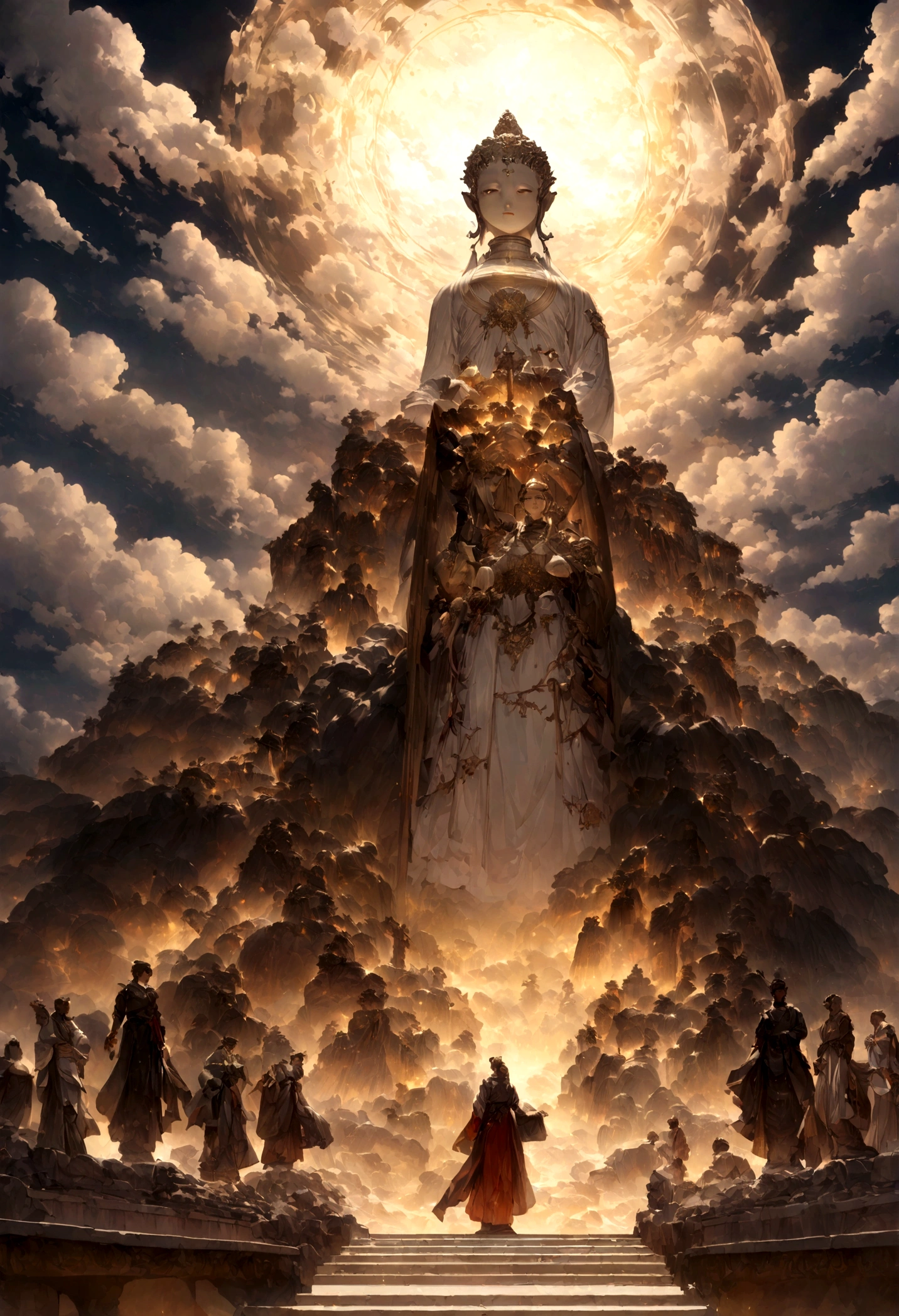 ((Tabletop)),(最high quality)),Chinese style,Clear facial expressions,In the sky, The clouds form a giant transparent and shining white jade Maitreya Buddha statue,Thick Clouds,And the sun was shining bright,Pilgrims' Path,Surreal,Ultra-photorealism,pink,8k,High resolution,high quality,Masterpieces,Ultra-fine,(((OC Renderer)))
