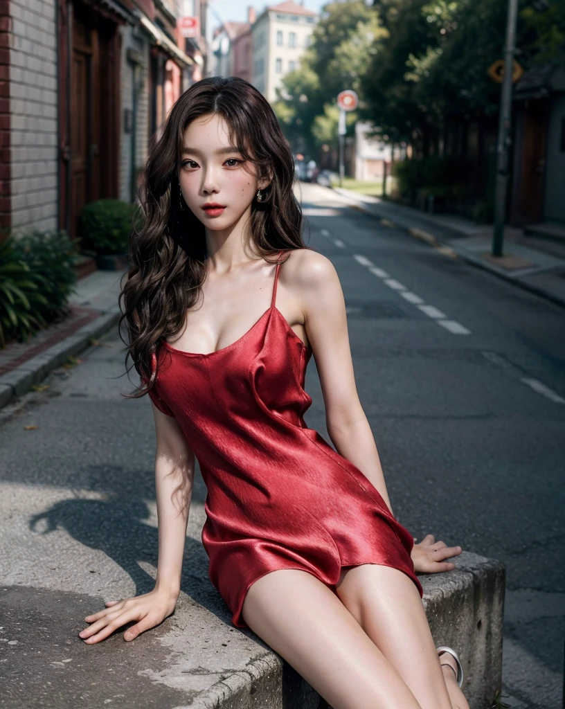 absurdres, RAW photo, extremely delicate and beautiful, masterpiece, Best Quality, ultra high resolution, 32k, hyperrealistic, ultra-detailed, perfect anatomy, perfect figure, Perfect skin, super Detailed skin, muted coral blush, Closed mouth, 20 years old, very Slim body, narrow waist, very small head, very small face, delicate facial features, tearful mole, earring, thin legs, bare legs, (((very huge round breasts))), short medium hair, brown braid hair, ((wavy hair)), (1girl:1.6), (Anatomically correct), (Plump nipples), day light, ((city street)), ((Silk hot red dress:1.3)), ((tightly dress)), ((laced dress)),