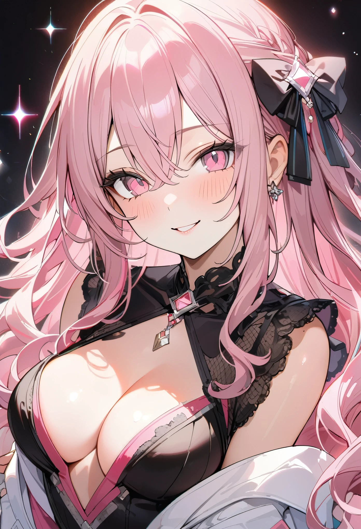 (8k icon, highest quality, Light pink hair:1.1, Sparkly pink eyes, smile:1.1)