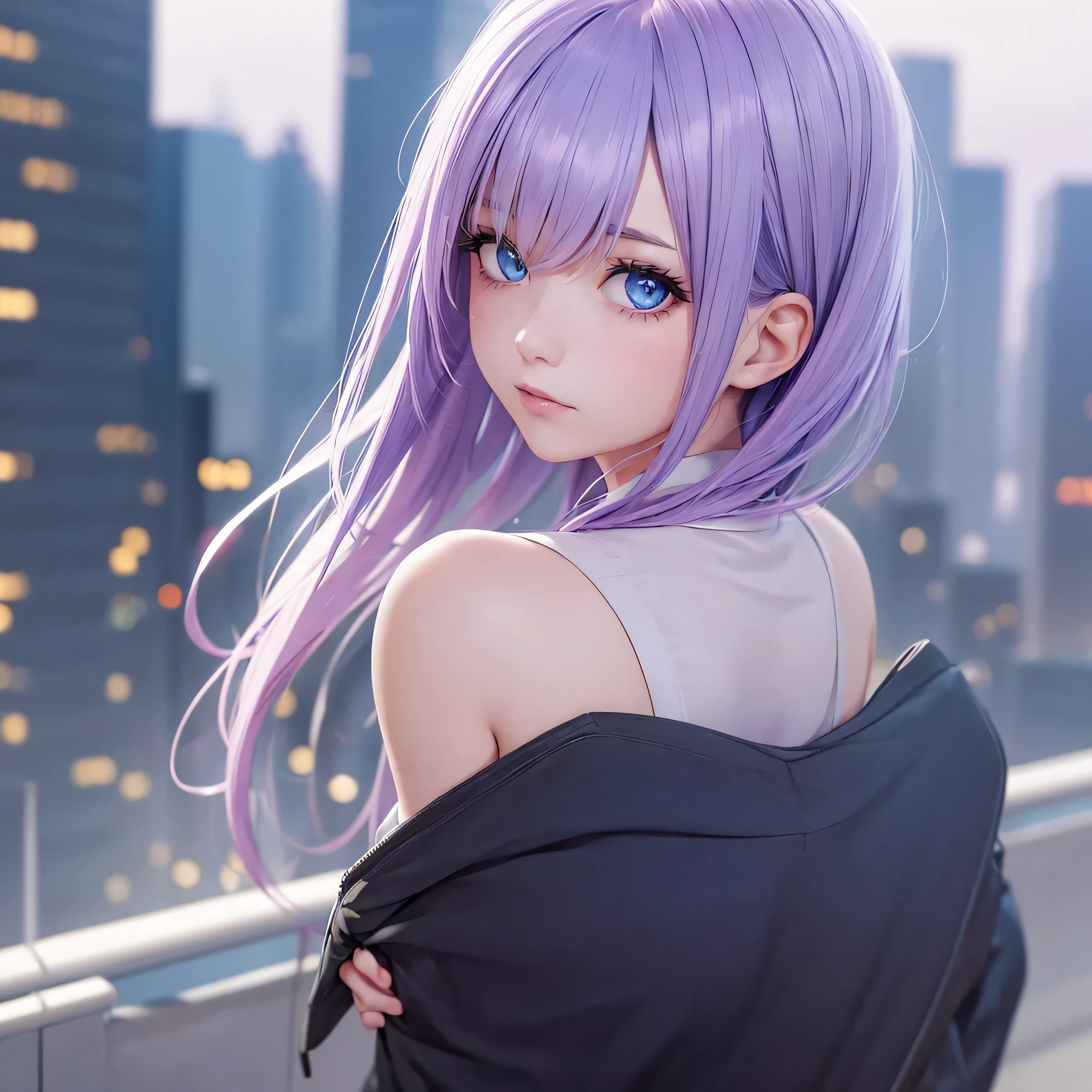 1 girl, light purple hair, light blue eyes, wearing black suit, city, absurdres, high res, ultrasharp, 8K, masterpiece, looking from behind