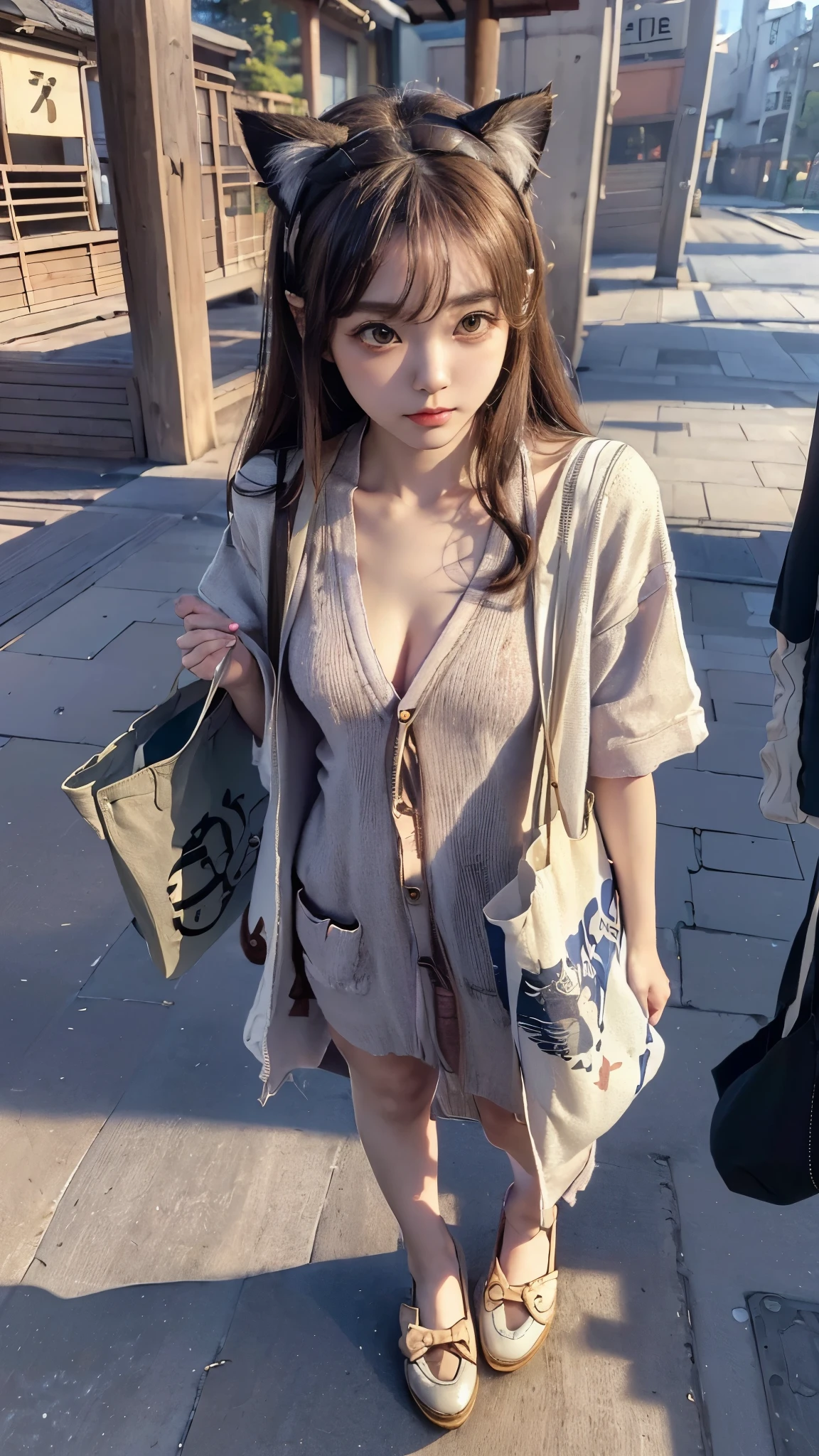 Masterpiece, 4k, Bokeh, beautiful face, (Japanese idle:1.6), (Long cardigan with a t-shirt dress and flats, Casual weekend background,  Canvas tote bag:1.4), (Cat ears:1.3), From below,