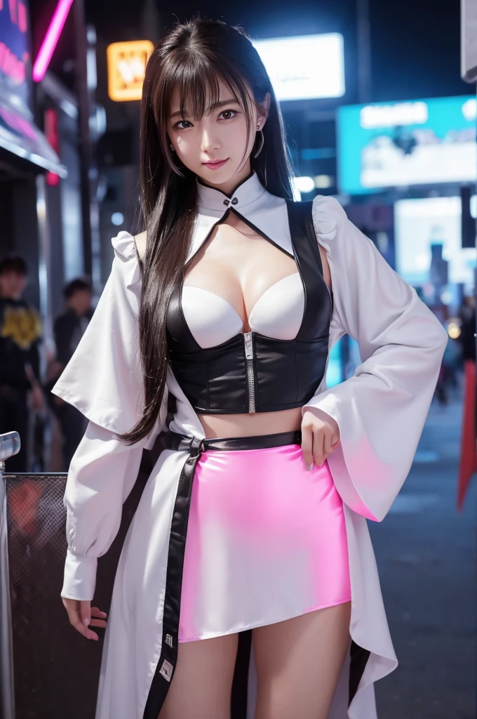 highest quality、8k Masterpiece、超A high resolution、(Photorealistic:1.3)、RAW Photos、1 girl、Black hair in a ponytail、Glowing Skin、1. Super-beautiful Cyberpunk Soldiers、((Ultra-Realistic Details))、Portrait、Global Illumination、Shadow、Octane Rendering、8k、Super sharp、Beautiful breastetal、Cold colors、、Very intricate details、Realistic Light、CGSoation Trend、Beautiful Eyes、Shining Eyes、To the camera、Neon Details、16age、Long hair fluttering in the wind、Obscene、wide shot、full body、Silver charm on the ankle、sexy、smile、Young body shape、Futuristic maid outfit、Cosplay、sexy、Moe、very cute、cute、pure、virgin、love、Idol、shocking pink